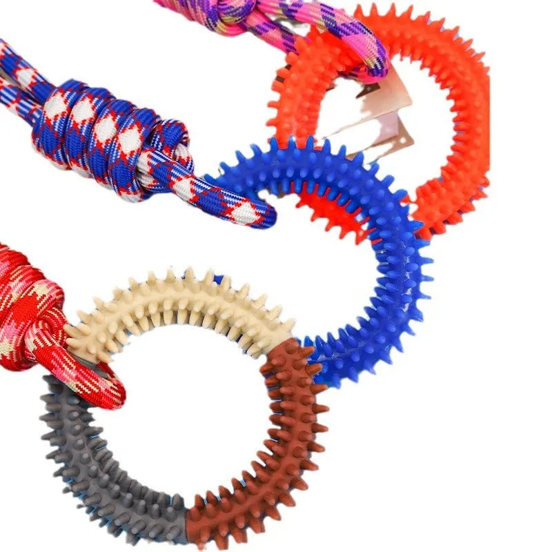 Blue braided rope dog toy with multiple knots, measuring 43cm long, on a white background.