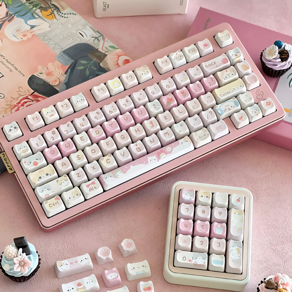 Meow Meow Team mechanical keyboard key cap set showing 141 keys with feline character artwork on all sides