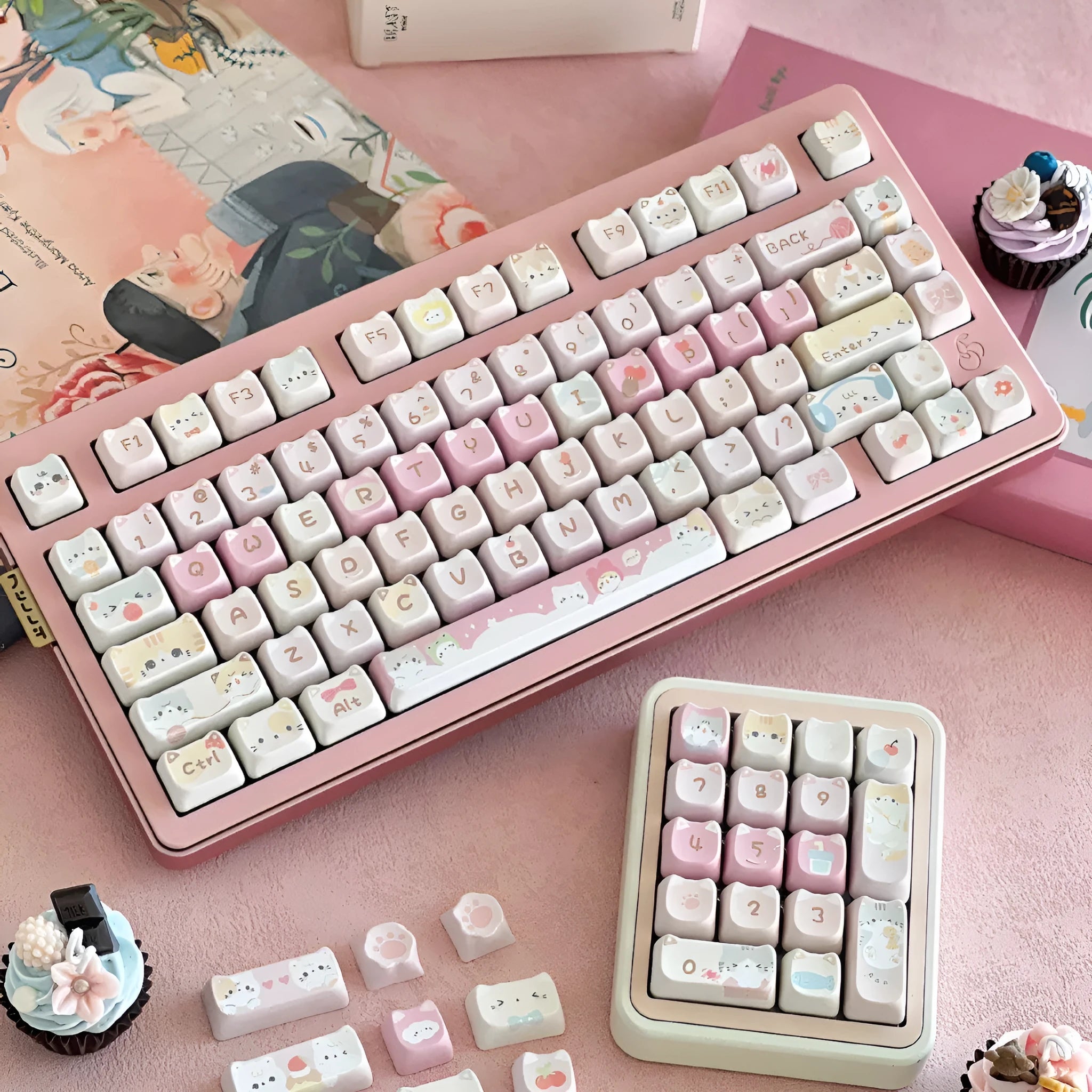 Meow Meow Team mechanical keyboard key cap set showing 141 keys with feline character artwork on all sides