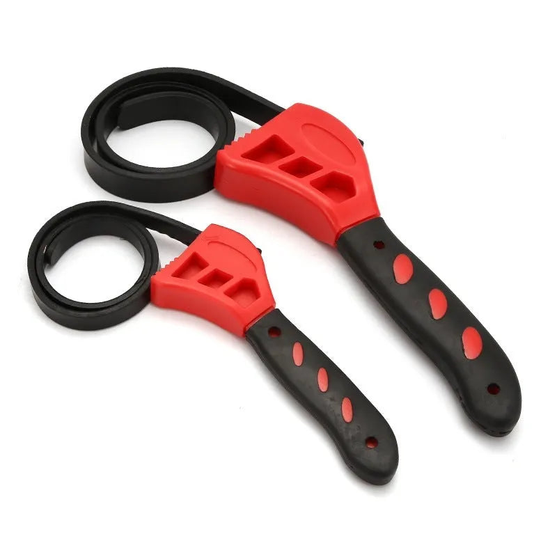 Adjustable rubber strap wrench tool with plastic rubber strap and phosphating finish for filter and plumbing use.