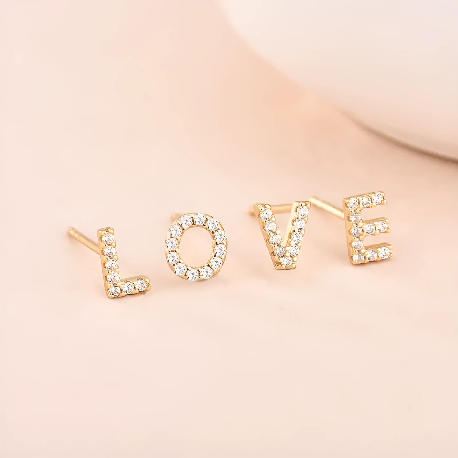 Brass gold plated alphabet letter earrings with zircon stones on copper base
