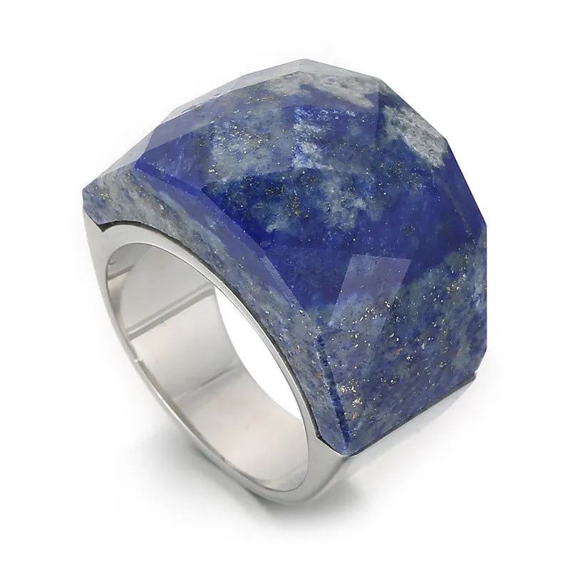 Women's geometric stainless steel natural stone ring with 17mm width in electroplated finish