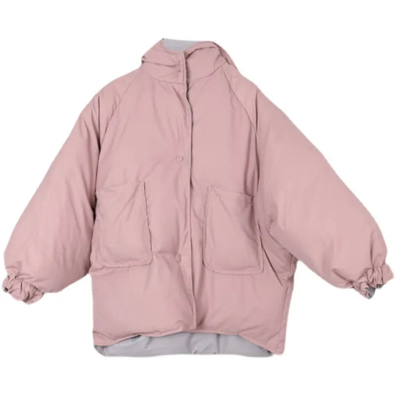 Reversible coat in pink or apricot, straight fit, medium thickness, polyester, sizes S to 2XL