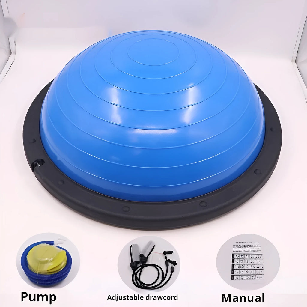 46cm ABS yoga balance wave velocity ball in blue glossy finish on a yoga mat