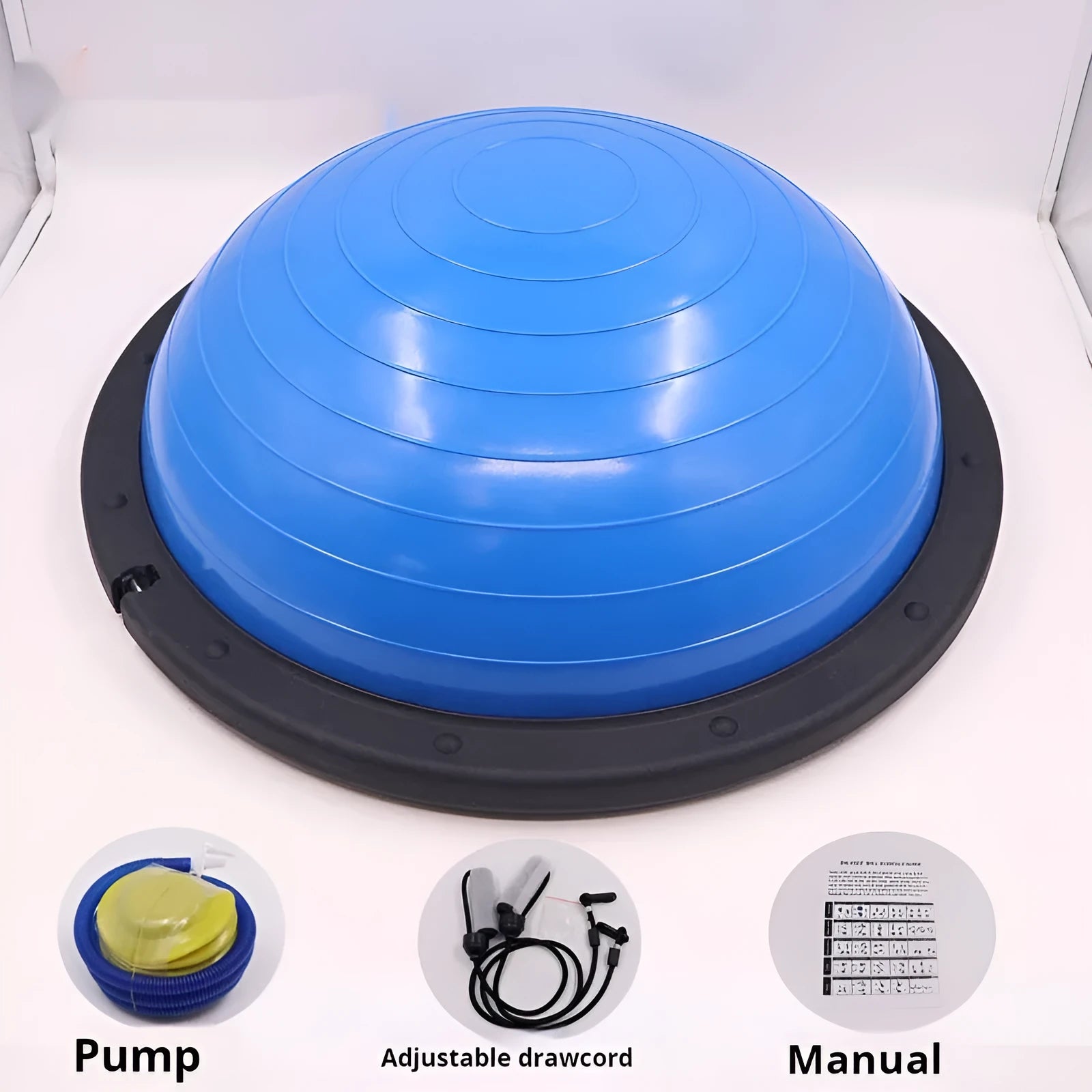 46cm ABS yoga balance wave velocity ball in blue glossy finish on a yoga mat