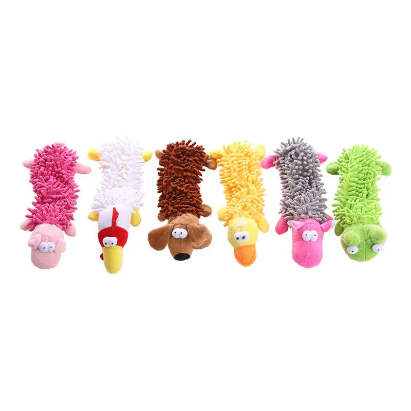 Microfiber plush dog toy with molar chew texture in six animal designs