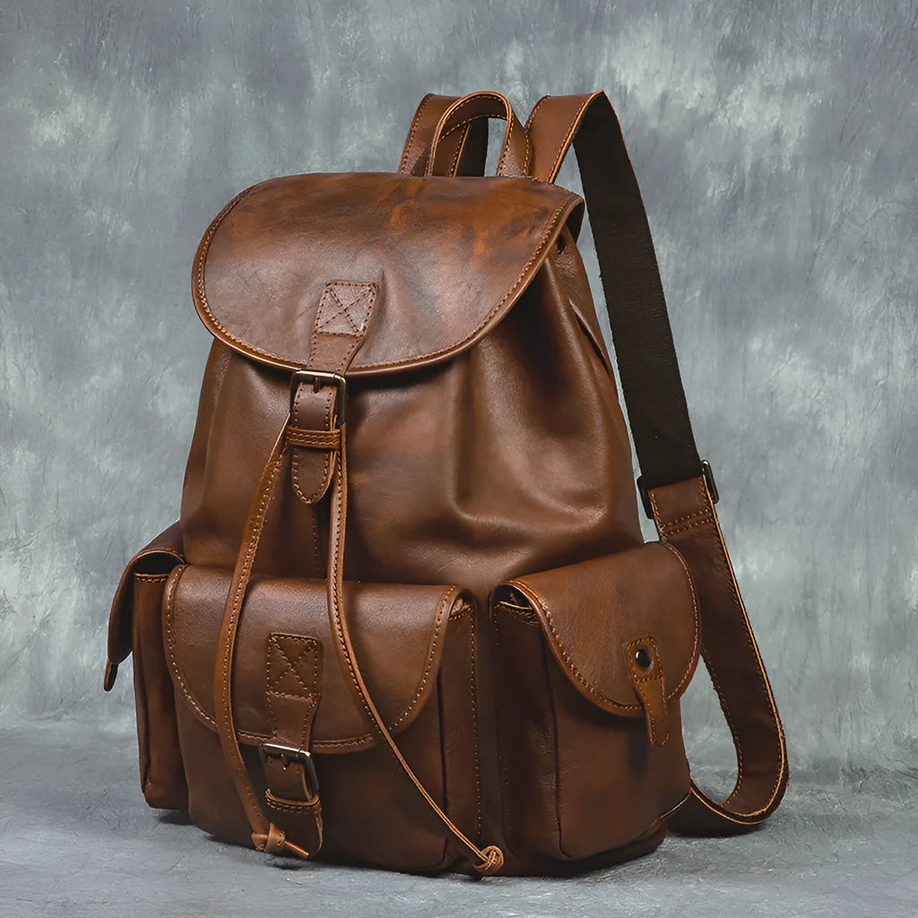 Genuine leather retro backpack for men in light brown with geometric pattern and contrast stitching