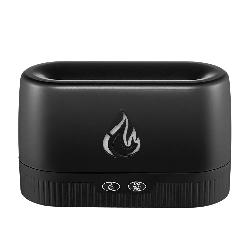 White flame aroma diffuser with 230ml tank, USB cable, on a wooden table, showing mist and flame effect
