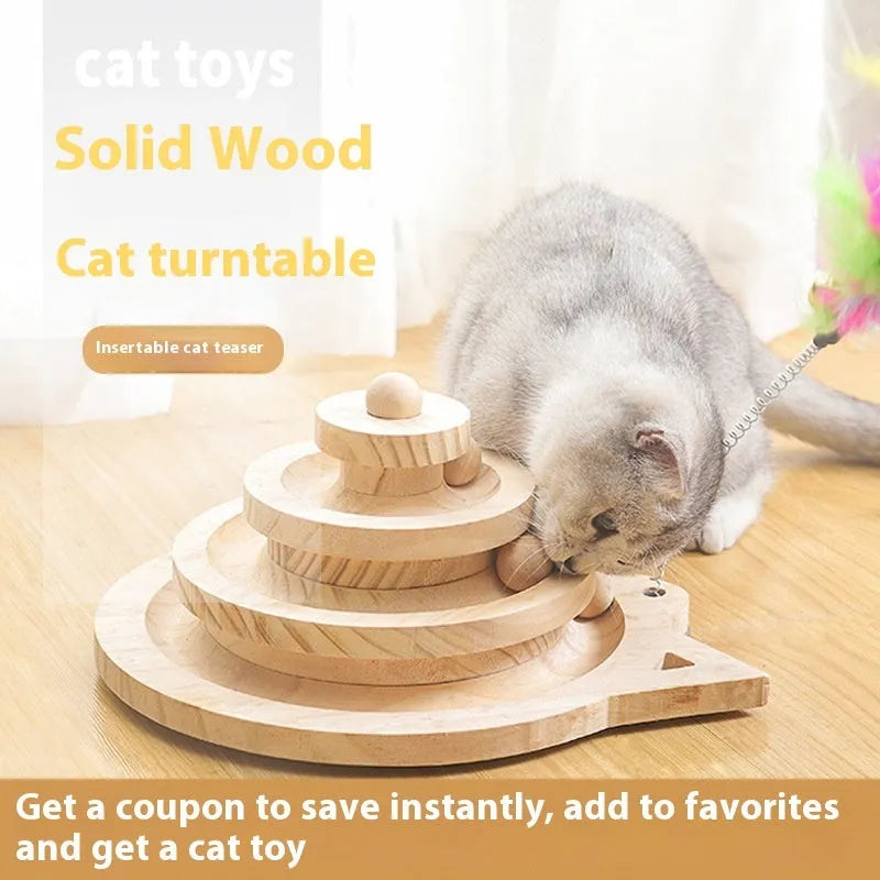Solid wood turntable cat teaser with self-hi motion in double-layer configuration