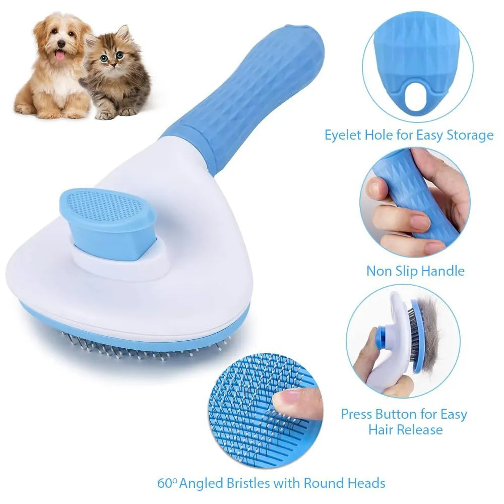 Blue cat grooming brush with a release button and fine wire bristles for removing loose fur.