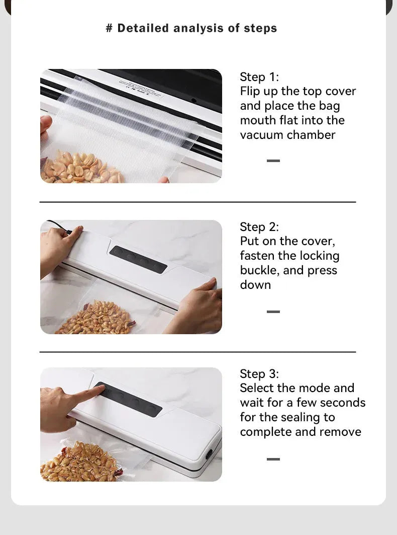 Small black automatic vacuum sealer machine for household food preservation on a kitchen counter
