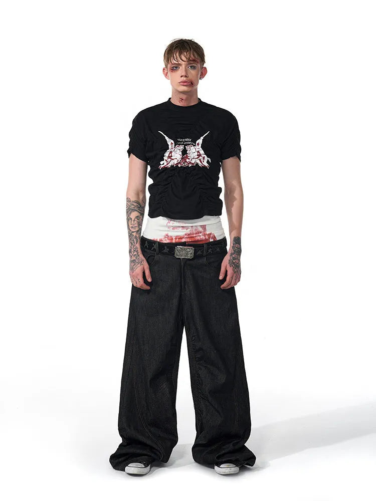 Black men's slim fit T-shirt with pleated detail and short sleeves for summer wear