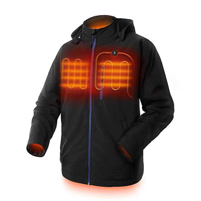 Black men's USB heated winter coat with a straight hem and zippered pockets on a model.