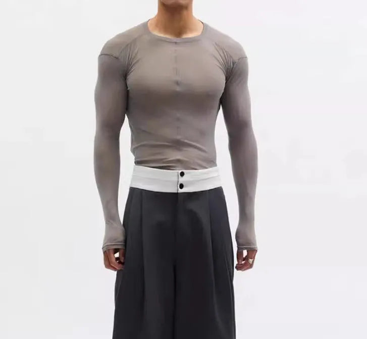 Black slim-fit PU mesh pullover with see-through texture and long sleeves