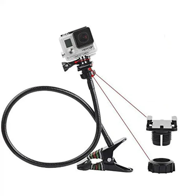 Black metal webcam support universal hose bracket with flexible gooseneck and phone holder