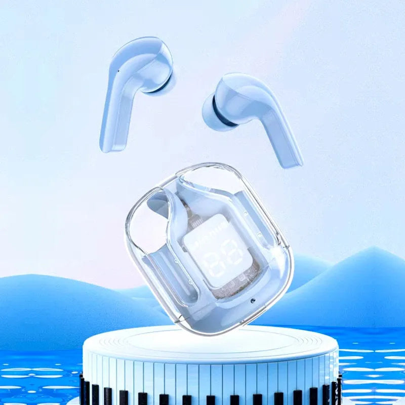 Transparent space capsule case true wireless headphones with digital battery display in multiple colours
