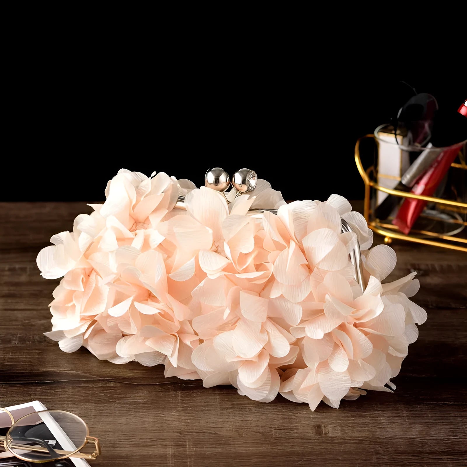 Flowe silk bridal evening banquet clutch bag with flower design, horizontal square shape, in available colours