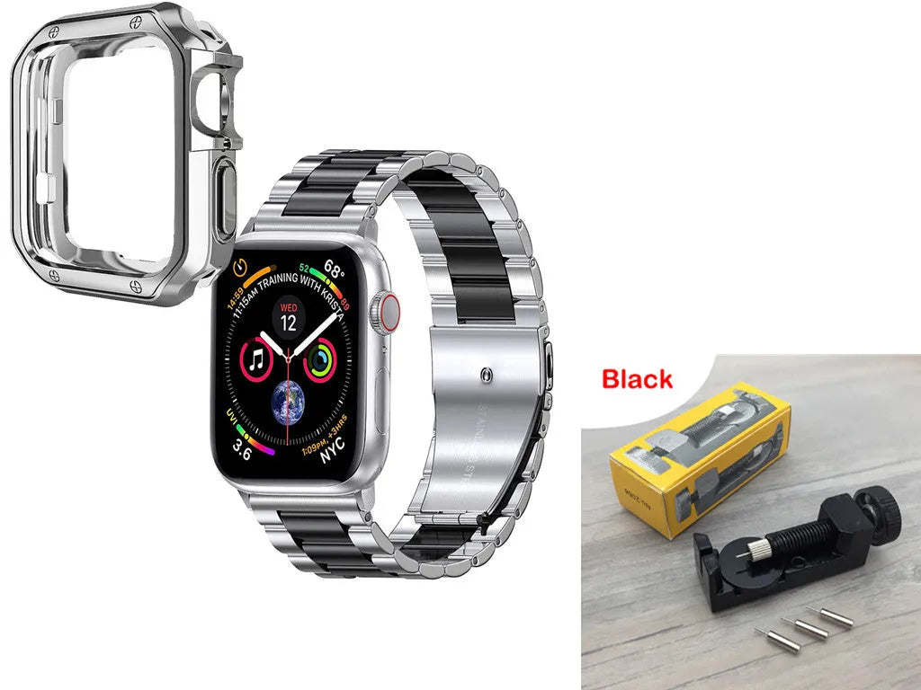 Stainless steel link band and black TPU protective frame for Apple Watch 44mm case