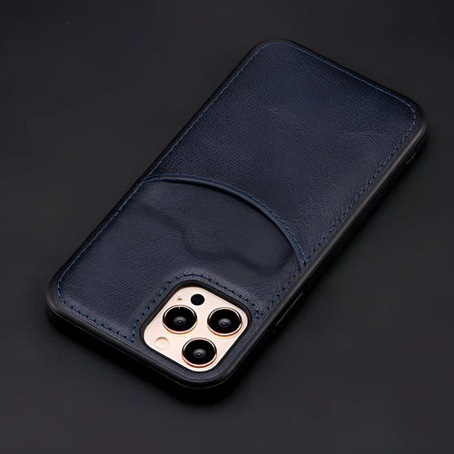 Dark blue PU leather protective case fitted on an iPhone, showing precise cutouts for camera and ports.