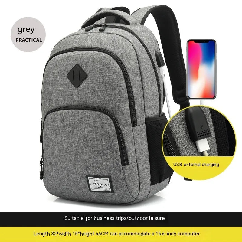 Grey nylon backpack with USB charging port showing dimensions and trolley attachment feature