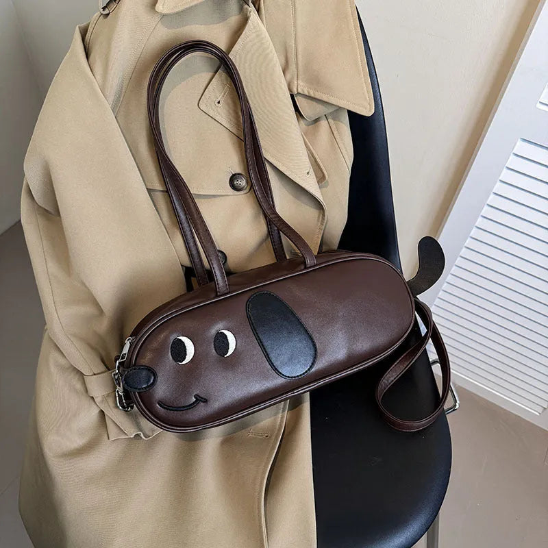 Sausage dog crossbody bag coffee brown retro frosted horizontal square PU handbag with single shoulder strap