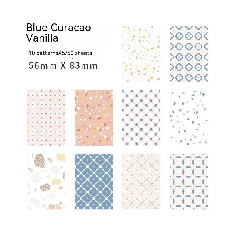 50-piece pack of retro collage dessert-themed note paper in ten colours, size 56mm by 83mm.