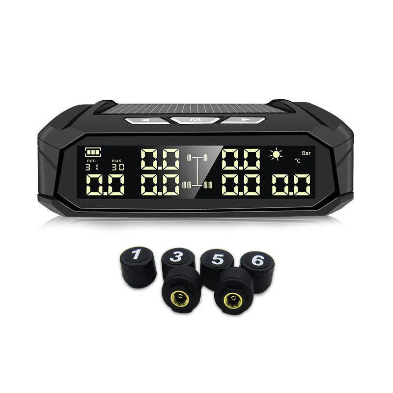 Solar-powered external tyre pressure monitor with colour screen for six-wheel trucks and RVs.