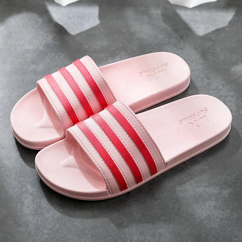 White stripes PVC bathroom slippers for women and men with three-bar design and injection moulded sole