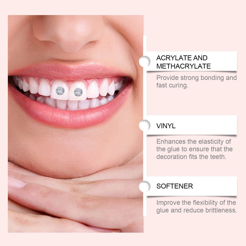 Tooth decoration kit with UV lamp, glue bottle, gem pen, cotton strips, and 100 rhinestone gems on white background