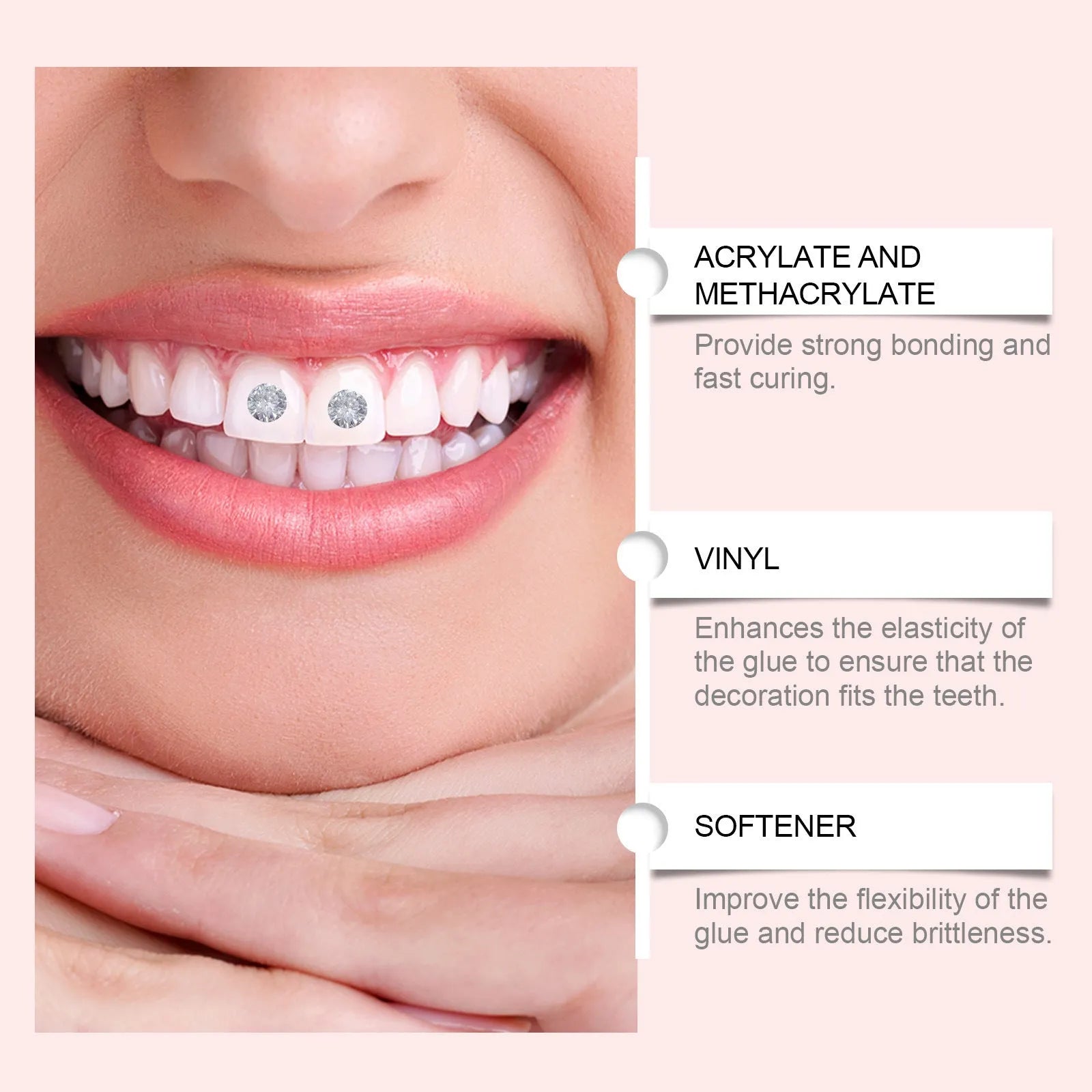 Tooth decoration kit with UV lamp, glue bottle, gem pen, cotton strips, and 100 rhinestone gems on white background