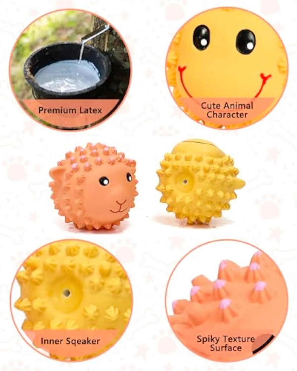 Orange and yellow latex squeaky dog toy with spiky texture, shaped like an animal.