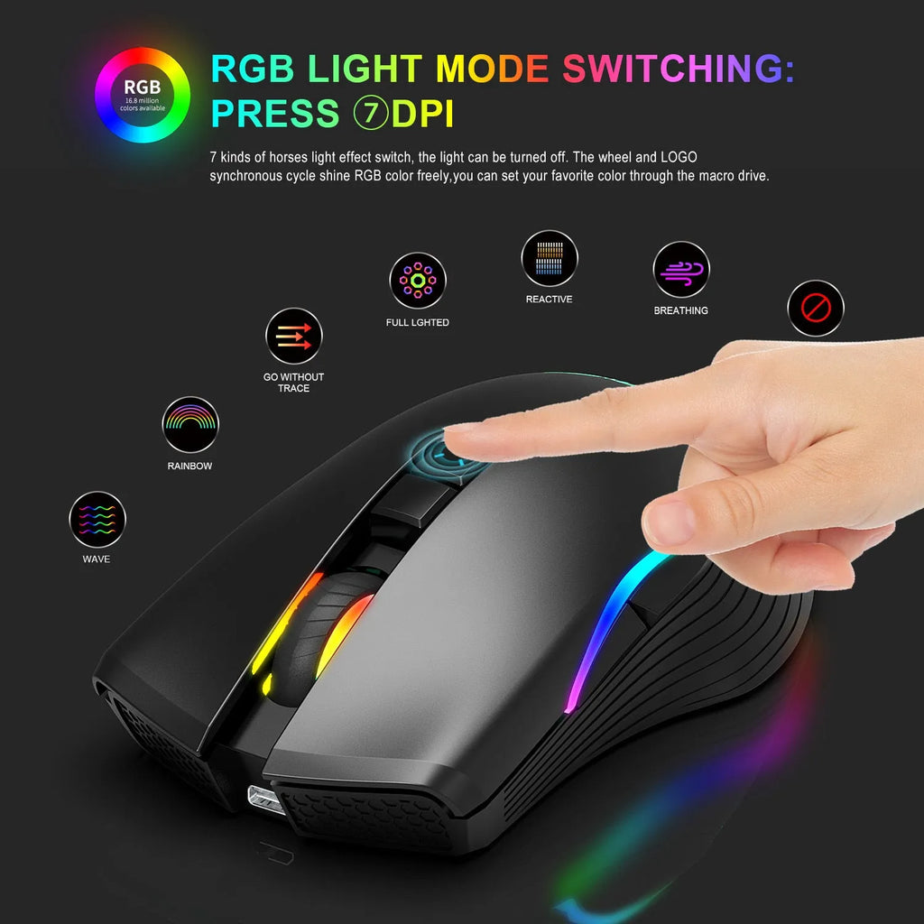 Black TYPE-C wireless gaming mouse with RGB light, 7 buttons, 2400DPI, and USB receiver