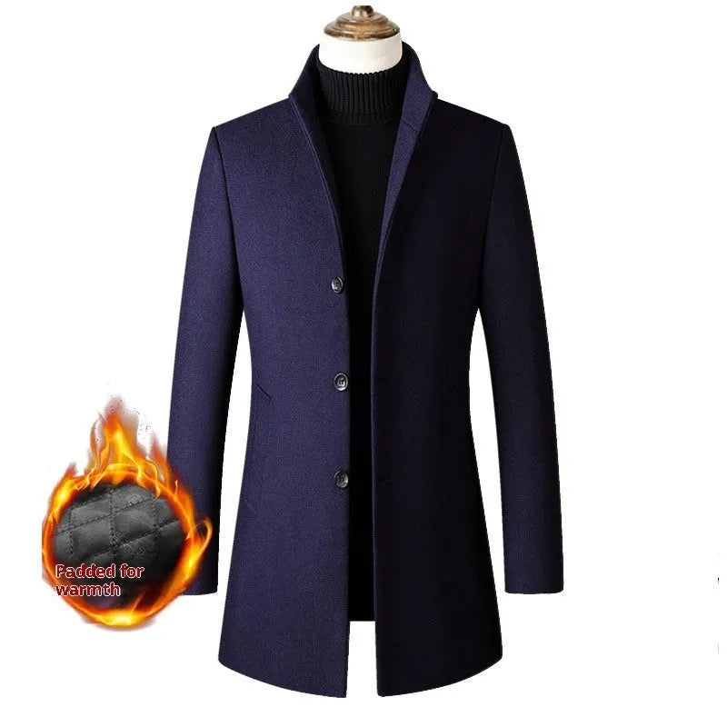 Men's single-breasted stand collar cotton padded wool blend winter trench coat in grey