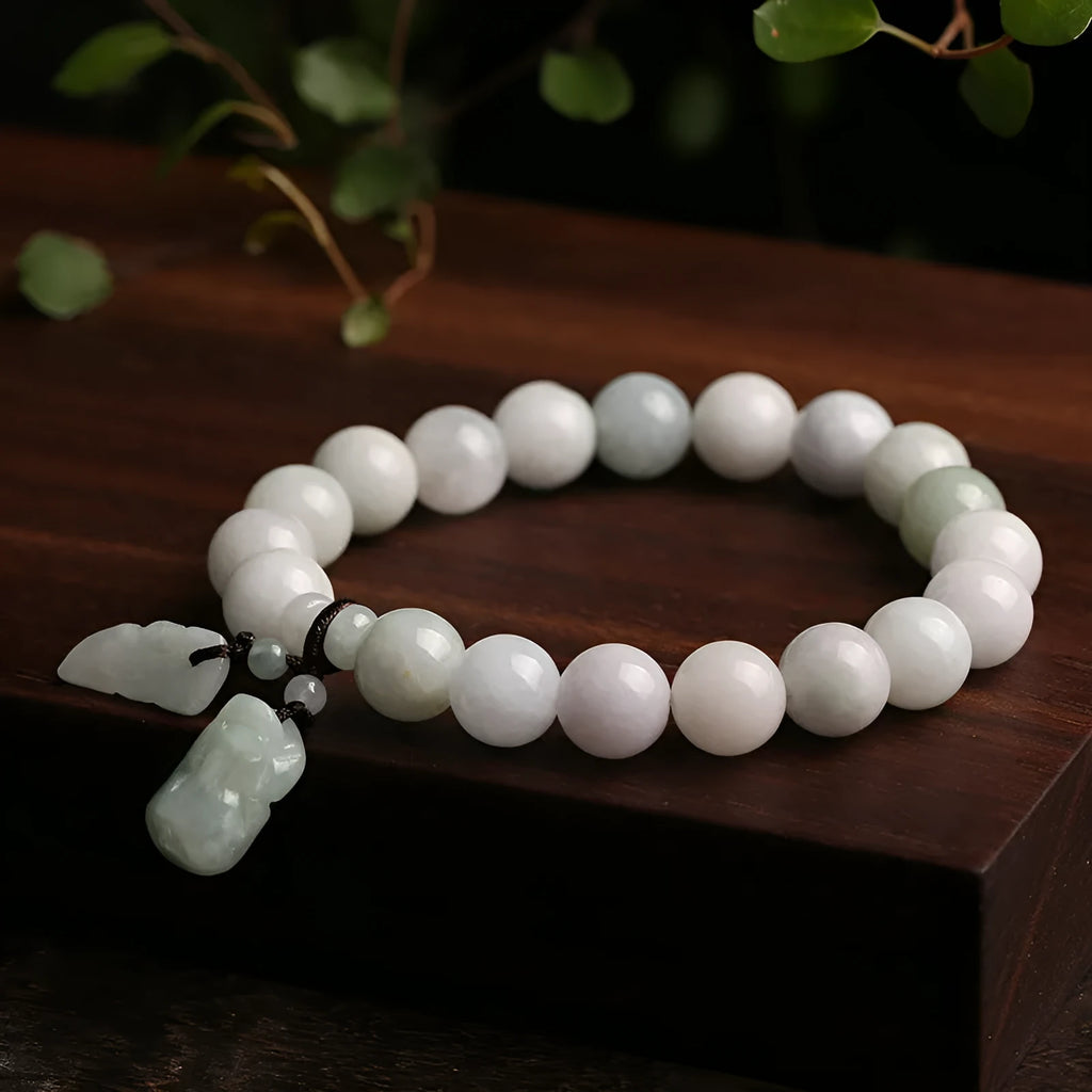 Natural jade hanging bracelet with geometric shape showing six colour and design variations.