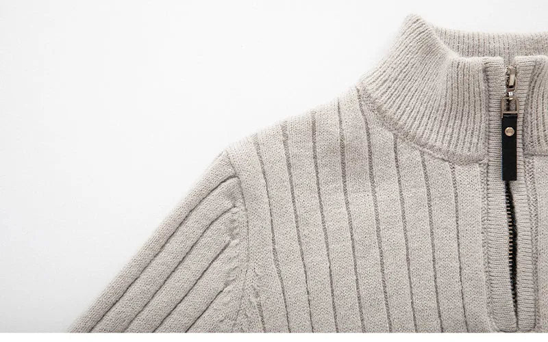 Men's long-sleeved half-turtleneck zip-up sweater in slim fit, polyester blend, shown in dark grey