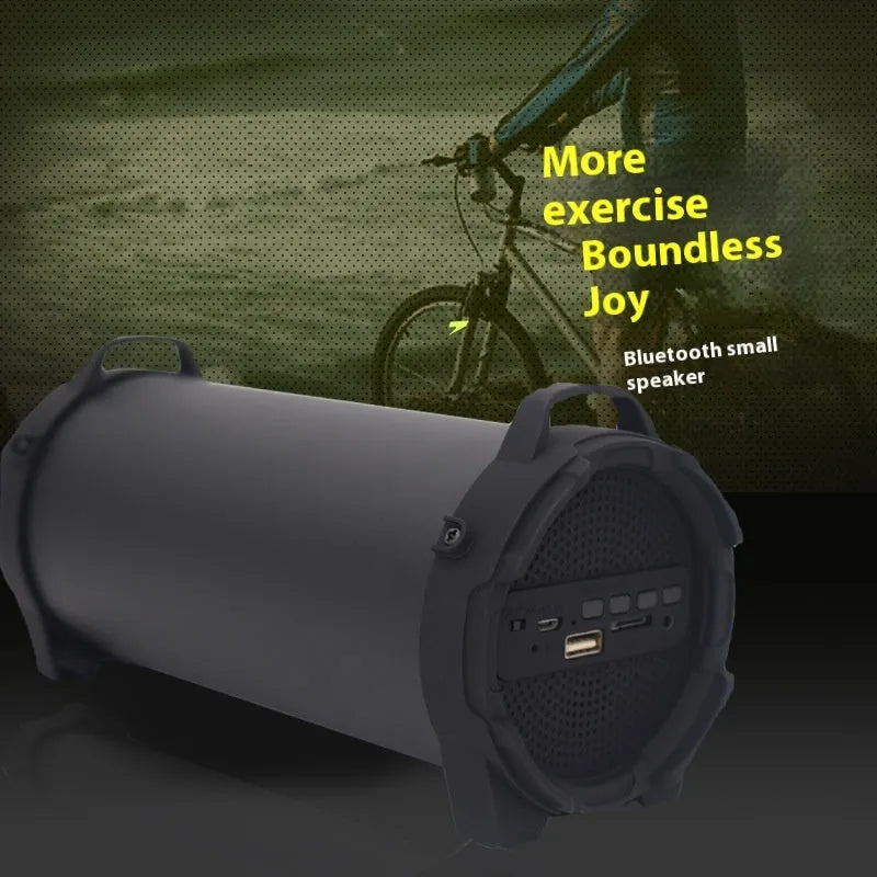 Black portable wireless Bluetooth speaker with suspenders for outdoor use