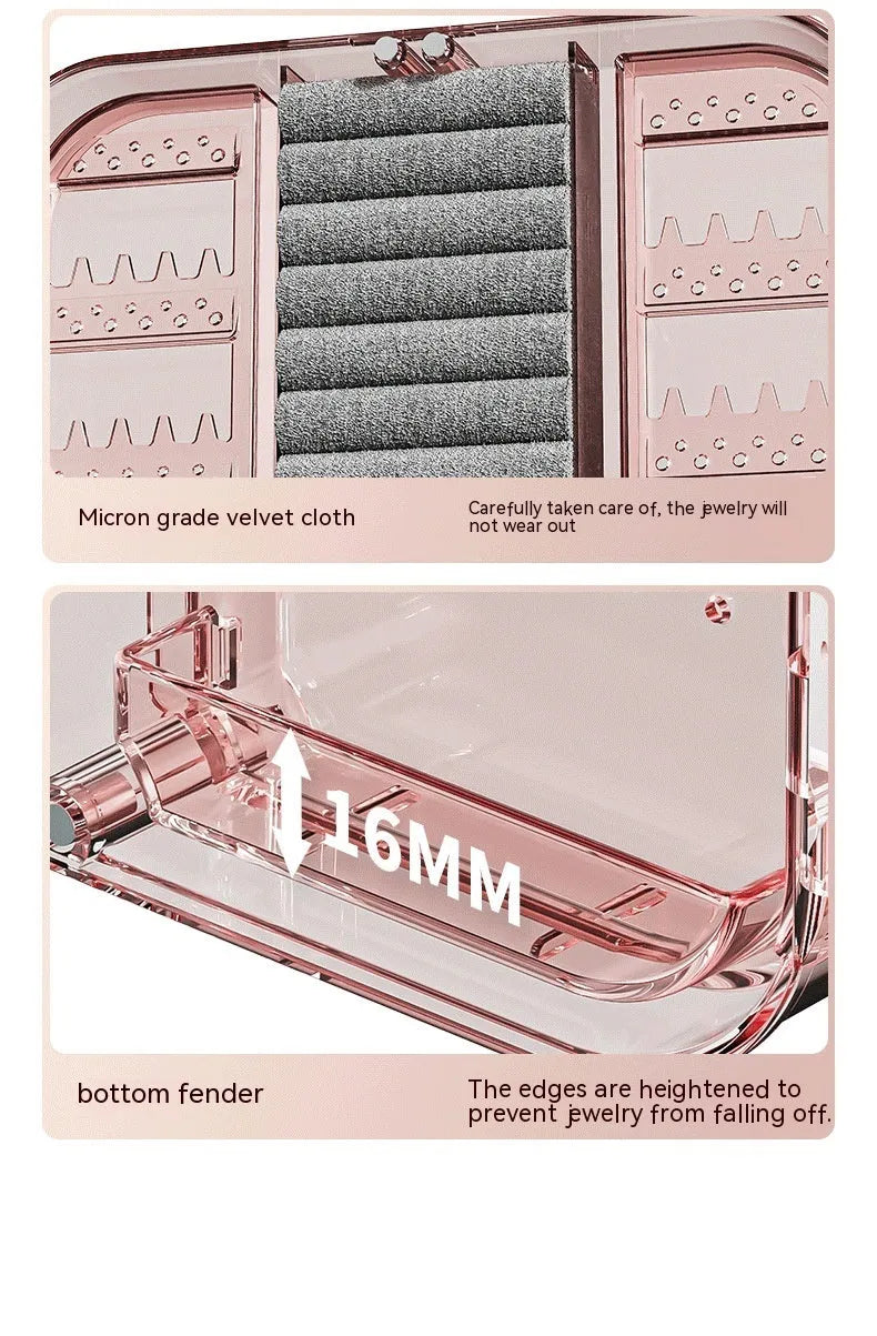 Wall-mounted plastic jewellery storage box with more than 8 layers, shown in Peach Pink or Transparent Gray for ornaments.