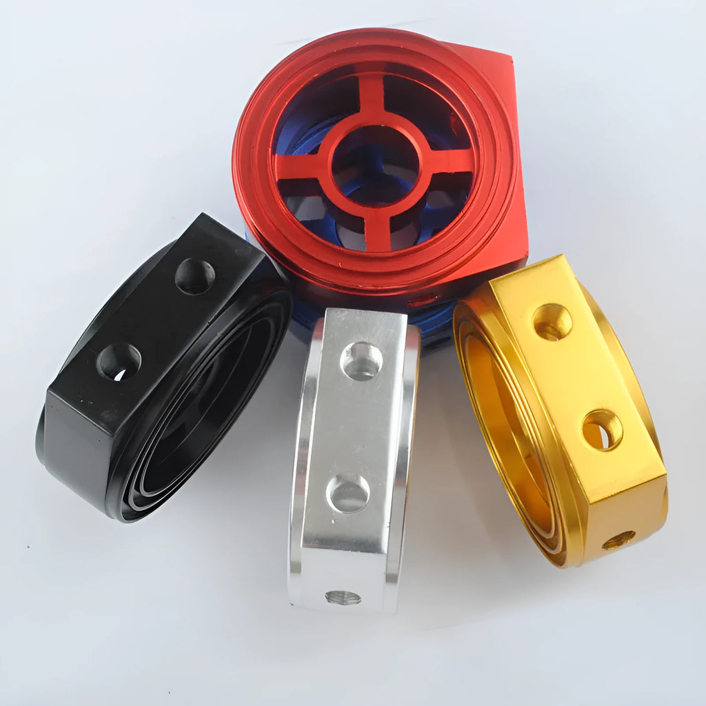 Universal aluminium alloy oil pressure gauge adapter shown in red, blue, black, gold, and silver colour options