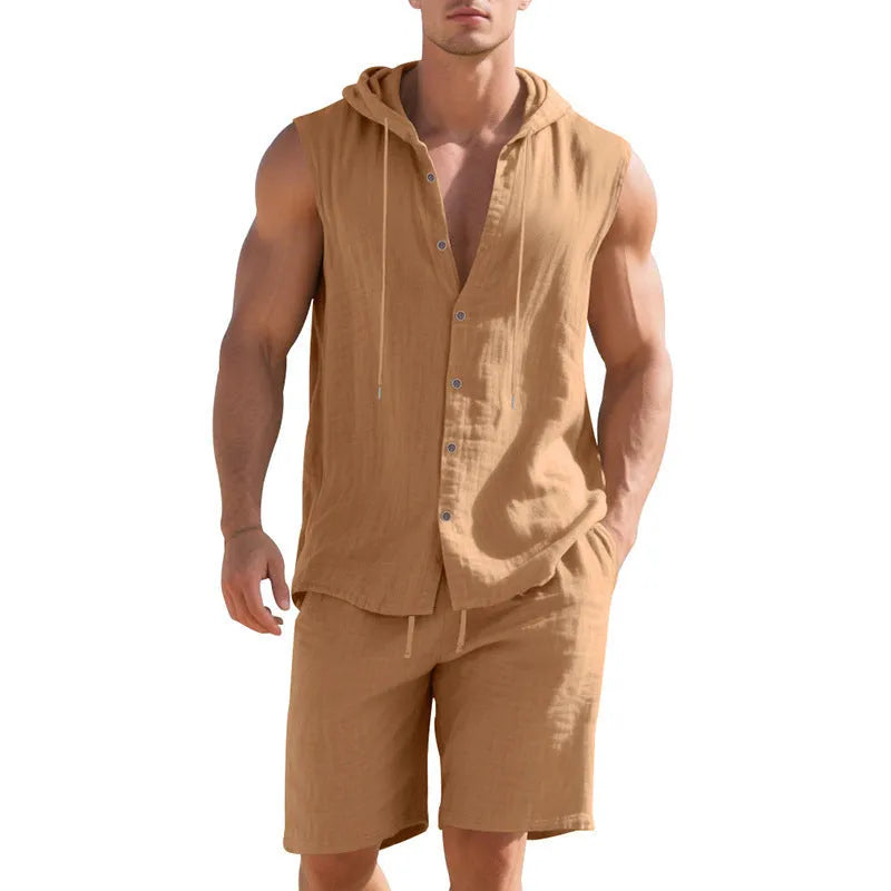Men's linen sleeveless shirt and matching shorts suit set in light khaki colour.
