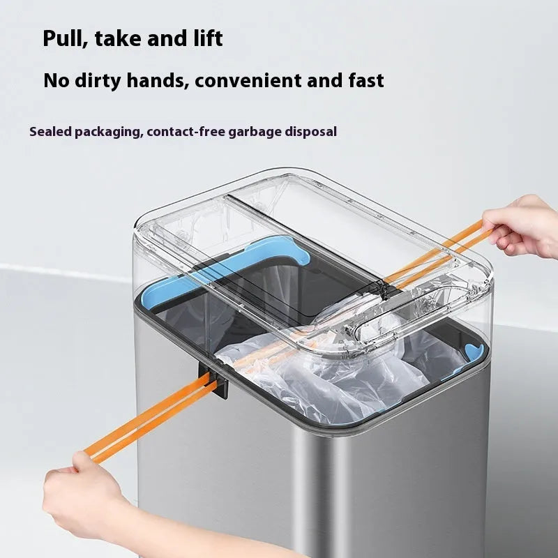Square inductive automatic smart trash can in stainless steel or white, showing sensor lid.