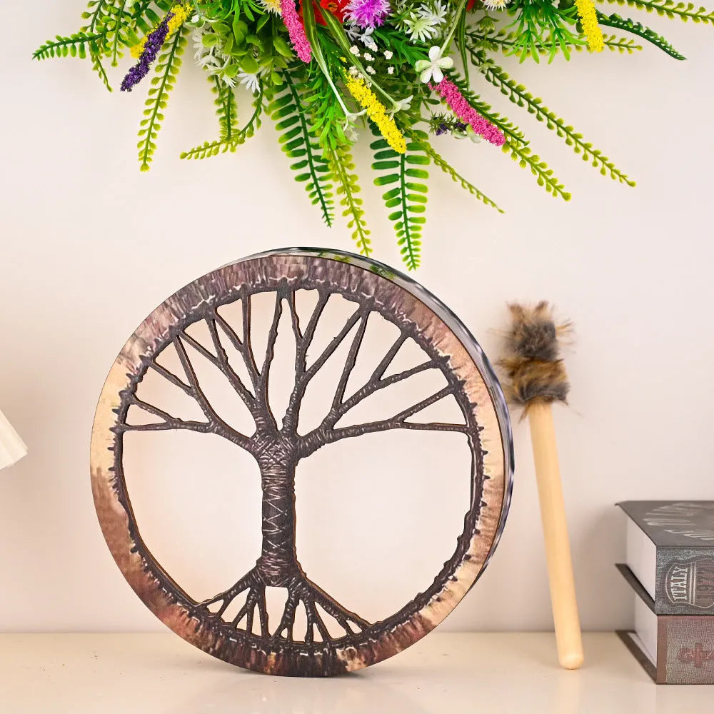 25cm tree of life open drum with drum hammer, half-handmade semi-mechanical national style decorative percussion instrument