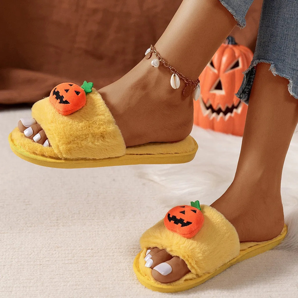 White and yellow pumpkin plush open toe slippers with synthetic fur uppers and PVC soles