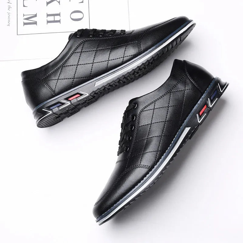 Non-slip casual sports shoes with round toe, square heel, artificial PU upper, and rubber sole in black