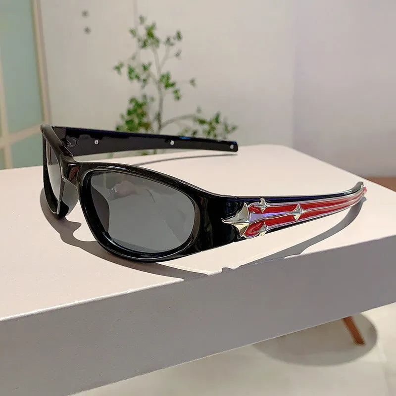 Special-shaped black frame sunglasses with blue polycarbonate lenses for outdoor sports.