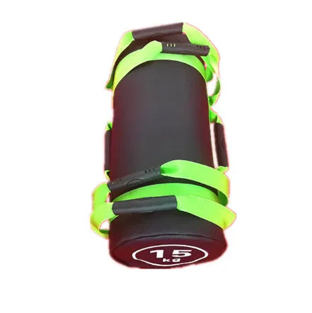 White PVC fitness sandbag for weight training, shown with weight options from 5 to 30 kilograms.