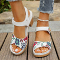 White women's high heel sandals with a Velcro buckle strap and rubber sole