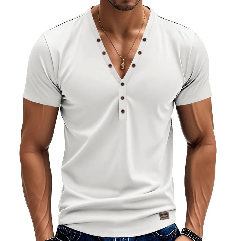 Men's loose fit thin V-neck pullover top with button detail in light blue colour.
