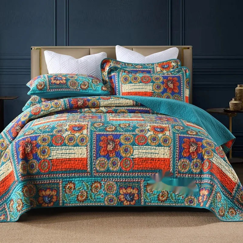 Quilted cotton bed cover set with printed pattern on 1.5-1.8m bed including two pillowcases