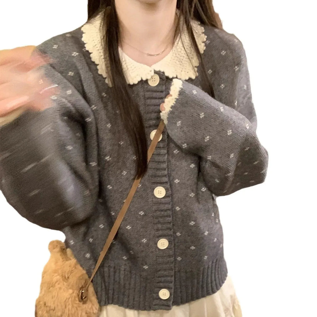 Retro Peter Pan collar knitted cardigan coat with floral embroidery in grey colour