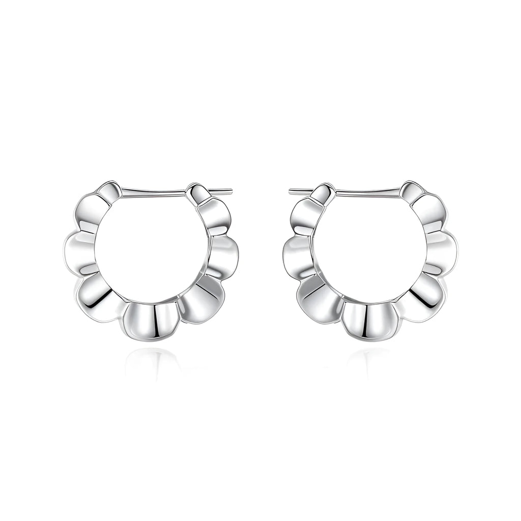 Sterling silver geometric hoop earrings with round design elements and electroplated finish